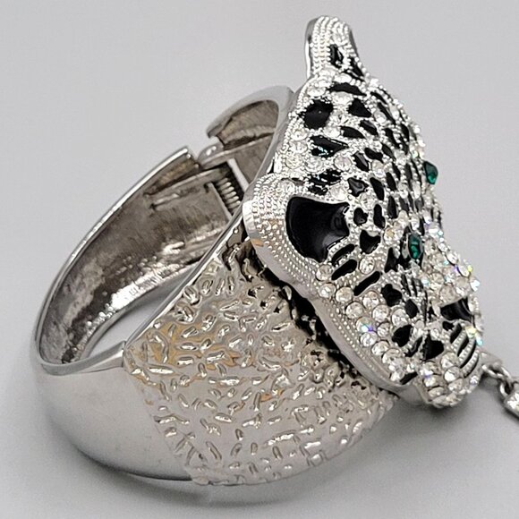 Large Leopard Head Rhinestone Bracelet Stretch Ring Set Hinged Green Crystal Eye - Picture 4 of 12